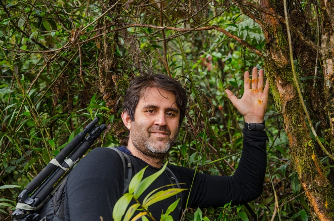 Me and a Lepanthes tibouchinicola plant at around 2700 meters. Mountains south of Jardin, Colombia.